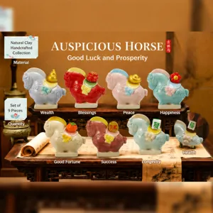 Detailed macro view of seven colorful ceramic fortune horse figurines with symbolic charms