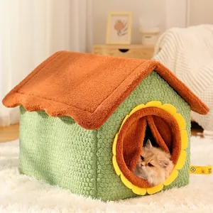 Warm House Shaped Pet Bed Sunflower Cat House Semi-Enclosed Fleece Plush Dog Nest Detachable Washable Indoor