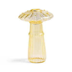 Nordic yellow mushroom glass vase with vertical stripes and dots on a white background