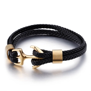 Anchor Braided Leather Bracelet Stainless Steel Clasp Nautical Multi Layer Wrap Fashion Jewelry For Men Unisex