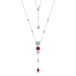 Elegant S925 silver necklace with red ruby gemstones and rose floral design on white background