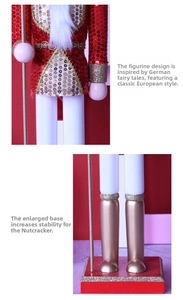 Detail of red sequined nutcracker soldier uniform and stable wooden rectangular base