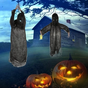Set of two glowing Halloween skeleton ghosts in black robes for haunted house decor