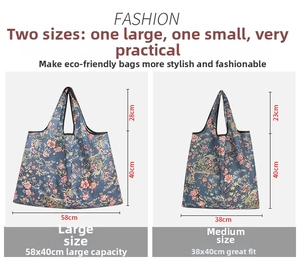 Size comparison chart for large and medium waterproof foldable floral shopping bags