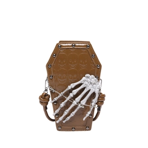 Brown coffin shaped shoulder bag with skeleton hand and skull embossed textures