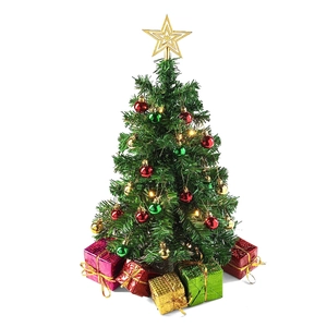 Mini 60cm Christmas tree with colorful ornaments, gold star topper, and LED lights