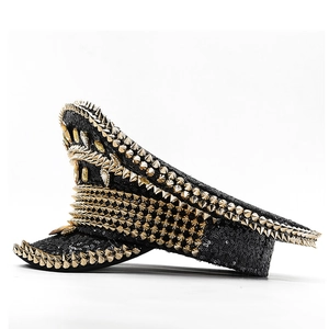 Black captain hat with silver sequins and gold metallic spikes for party and performance