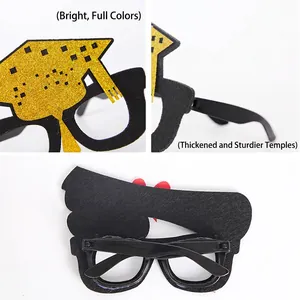 Three-view layout of black and gold felt graduation party glasses showing durable details