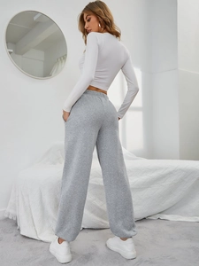Pantaloni casual grigi a vita alta da donna con gamba dritta e vestibilità comoda