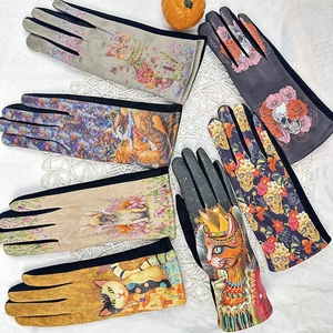 3D oil painting print faux suede winter thermal gloves with multi-style artistic patterns