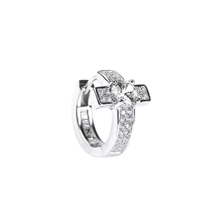 Close-up of silver cross hoop earring with micro-paved sparkling white zircons