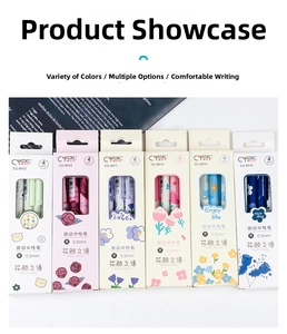 Detail of 0.5mm retractable gel pen sets with floral patterns and black ink packaging