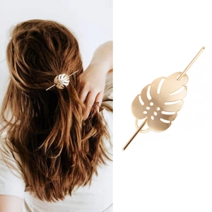 Monstera Leaf Hair Stick Alloy Metal Brushed Hollow Out Hair Pin Accessories For Women Elegant Gold Silver Color