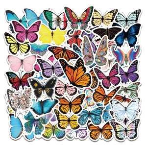 Detailed close-up of colorful waterproof butterfly stickers in various artistic styles