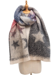 Detailed knit texture of a scarf featuring red and blue gradient star patterns