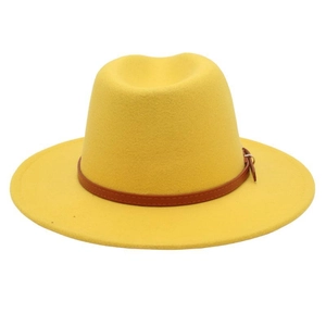 Detail of a bright yellow wool fedora hat with brown leather belt buckle strap
