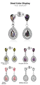 Detail of drop-shaped earrings featuring pear-cut zircon stones in five vibrant colors