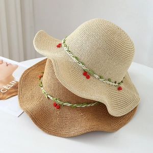 Straw sun hats with cherry vine decor in beige and brown, wide brim beach style