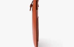 Slim side view of orange leather mini phone bag with snap closure and neat stitching