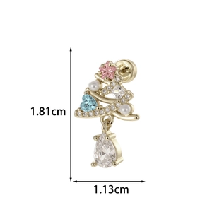 Christmas tree stud earrings with zircon heart and teardrop stones in coffee gold finish