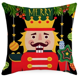 Christmas nutcracker throw pillow cover in red and black with Merry text on white background