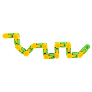 Close-up of green and yellow plastic wacky tracks fidget toy in a snake shape