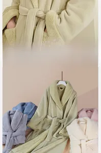 Detail view of thickened plush coral fleece bathrobes in multiple soft pastel colors