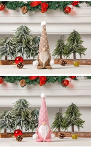 Detail of sitting Christmas gnomes with knitted hats and white beards in festive decor