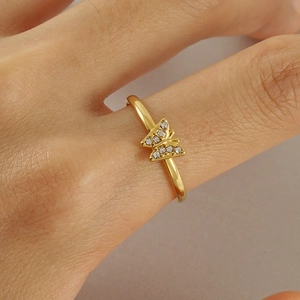 18K Gold Plated Stainless Steel Butterfly Ring With Crystal Adjustable Open Jewelry For Women Trendy Fashionable