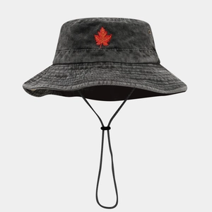 Unisex black washed denim bucket hat with red maple leaf embroidery and windproof strap