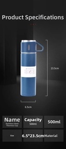 Detailed technical dimensions and specifications for 500ml stainless steel thermos flask
