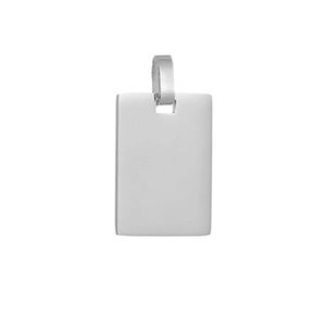 Detailed close-up of a rectangular polished silver stainless steel pendant with smooth finish