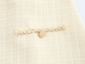 Détail du tissu en tweed avec bordure à franges tressées et bouton doré décoratif