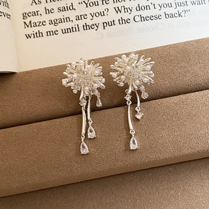 Detail of silver-plated firework tassel earrings with white pearls and zircons on a display