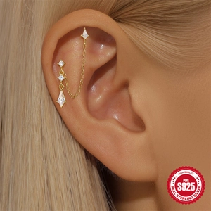 Elegant gold S925 sterling silver double stud earrings with dangling chain and zircon