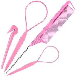 Pink 4-piece hair styling tool set with tail comb, hair loops, and rubber band cutter