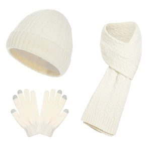 Three-piece winter knit set with beanie, scarf, and touch gloves in cream wool cable knit