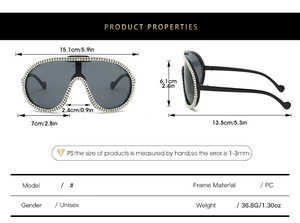 Detailed size specifications for oversized rhinestone-studded aviator sunglasses