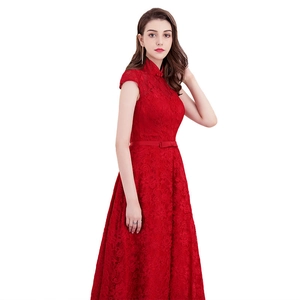 Elegant red lace evening dress with mandarin collar and bow belt on white background