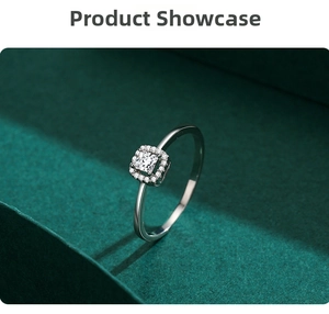 Close-up of Princess cut halo diamond ring in S925 sterling silver with a polished finish