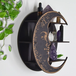 Boho crescent moon wooden shelf with celestial patterns for crystals and essential oils