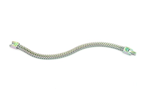 Detailed view of rainbow gradient stainless steel woven chain bracelet with metallic luster