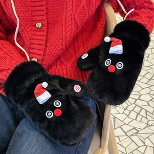 Christmas Snowman Plush Mittens Winter Warm Thickened Faux Fur Neck Hanging Gloves Cartoon Cute Festival Red Hat Gift