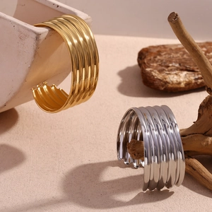 Fashionable 18K gold plated stainless steel multi-layer wide cuff bracelet for women