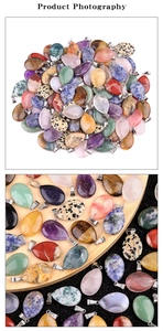 Macro shot of assorted natural crystal teardrop pendants with secure silver metal bails
