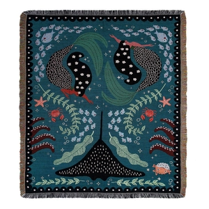 Bohemian outdoor picnic blanket featuring sea life patterns with fringe details