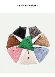 Top view of handmade woven triangle purses in eight different colors with metal zippers