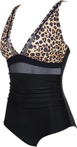 Detail of leopard print swimsuit with mesh patchwork and ruched waist texture
