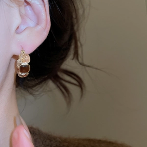 Close-up of heart tassel earring with tiger eye stone and crystals on model's ear