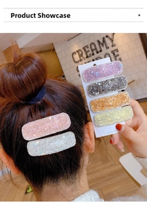 Detail of colorful crystal rectangle hair clips with glitter stones in five candy colors